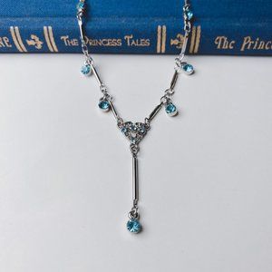 Minimalist Dainty Baby Blue Rhinestone Heart Silver Drop Bar Chain Necklace